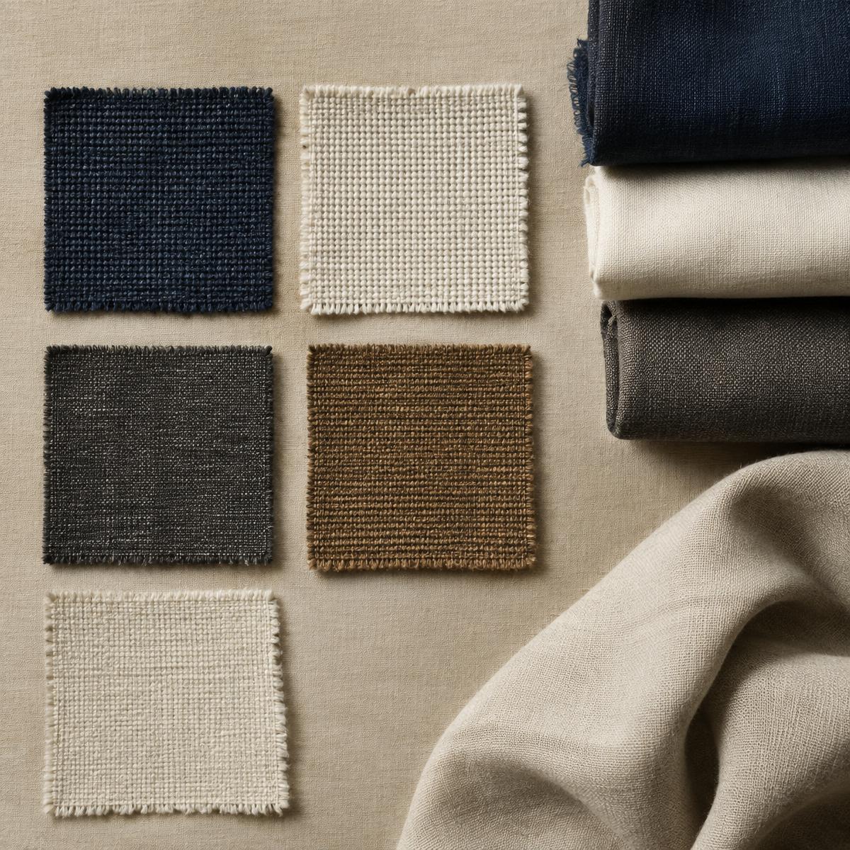 Woven fabric swatches in natural and indigo tones